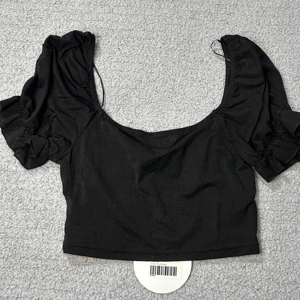 Princess Polly Nichola Top Crop Ruched Puff Sleeve 6 Black Coquette Romantic - Picture 5 of 8